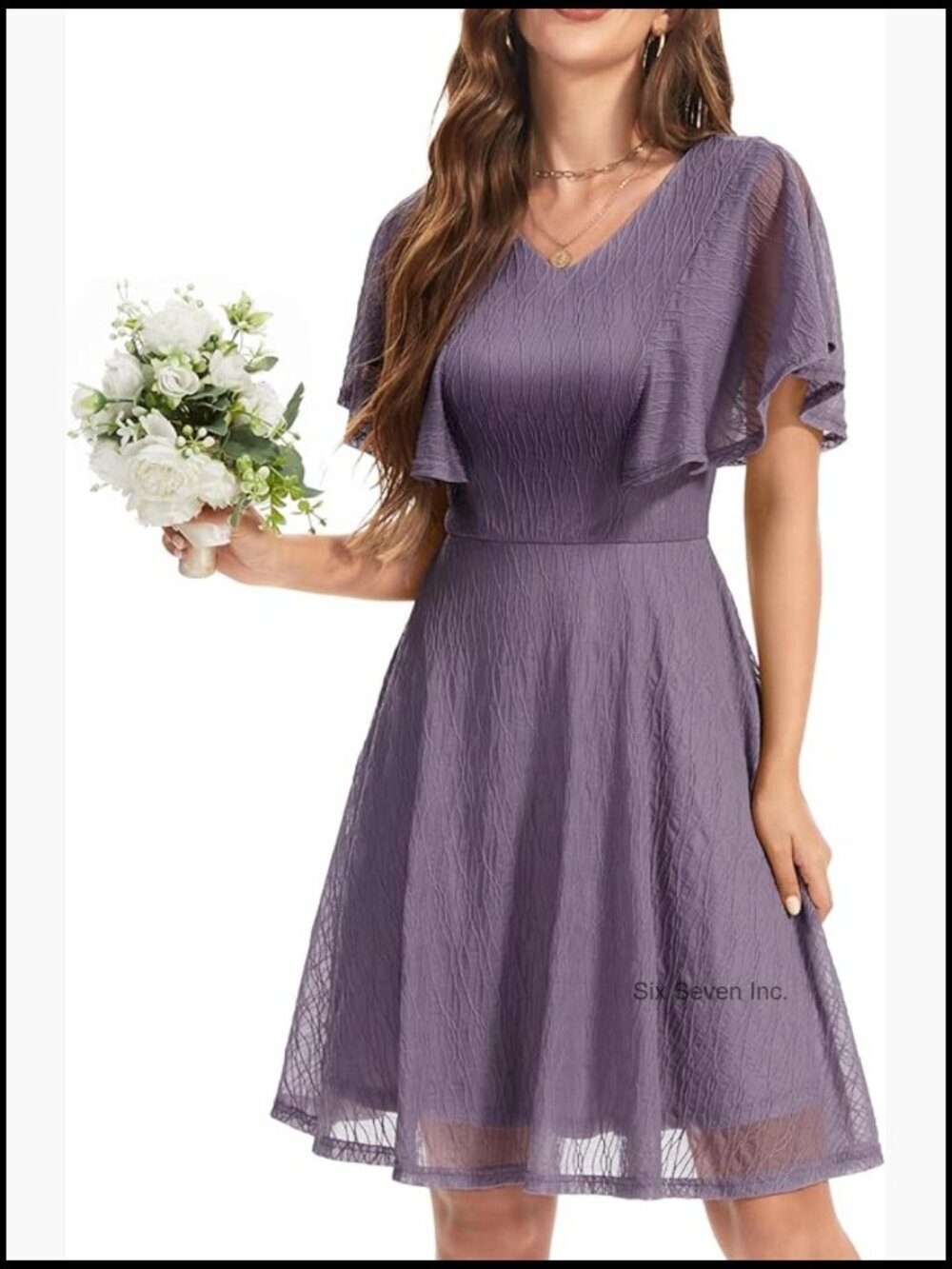 Flutter Sleeve Lace Cocktail Dress with V-Neck Zip Back